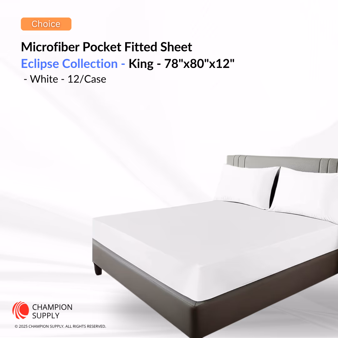 Choice Hotels Eclipse Collection Microfiber King Pocket Fitted Sheet – 78" x 80" x 12", White, Case of 24